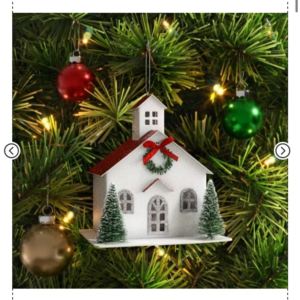 New Target Glittered Church w Bottle Brush Trees Ornament White - Wondershop